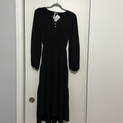New Black Long Sleeve Midi Dress