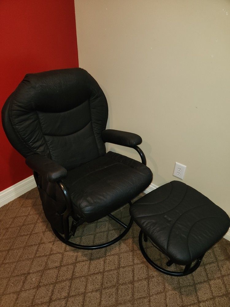 Armchair and ottoman, both swivel and rock, side pockets