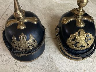 Pair two German spike leather military helmets reproduction Well Made man cave decor Large size