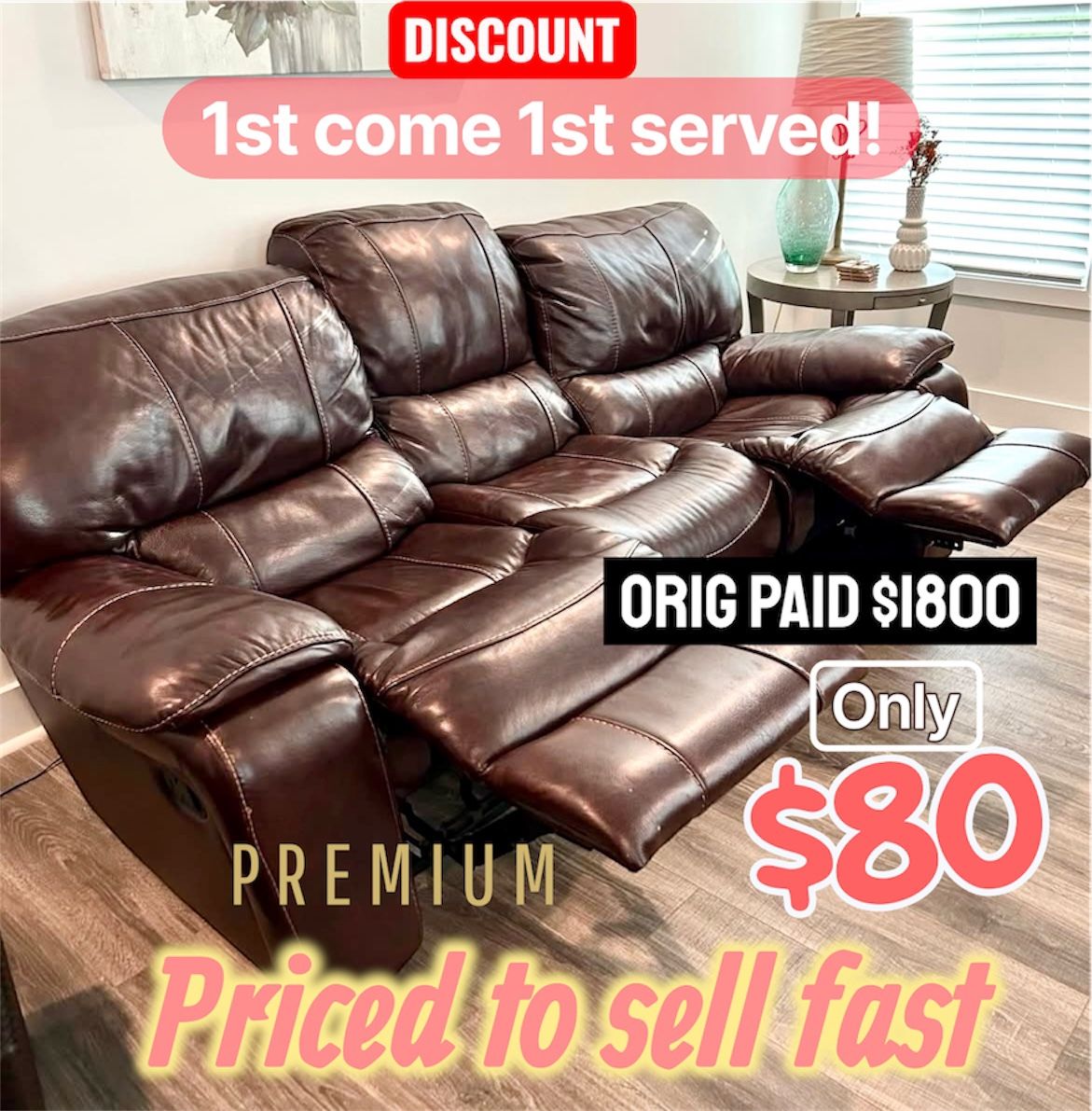 Real Leather Couch Both Sides Recline Electric Originally Paid $1800 Gently Used