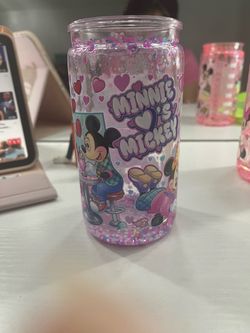 Disney Mickey & Minnie Mouse Valentines Pink Glitter Hearts Tumbler