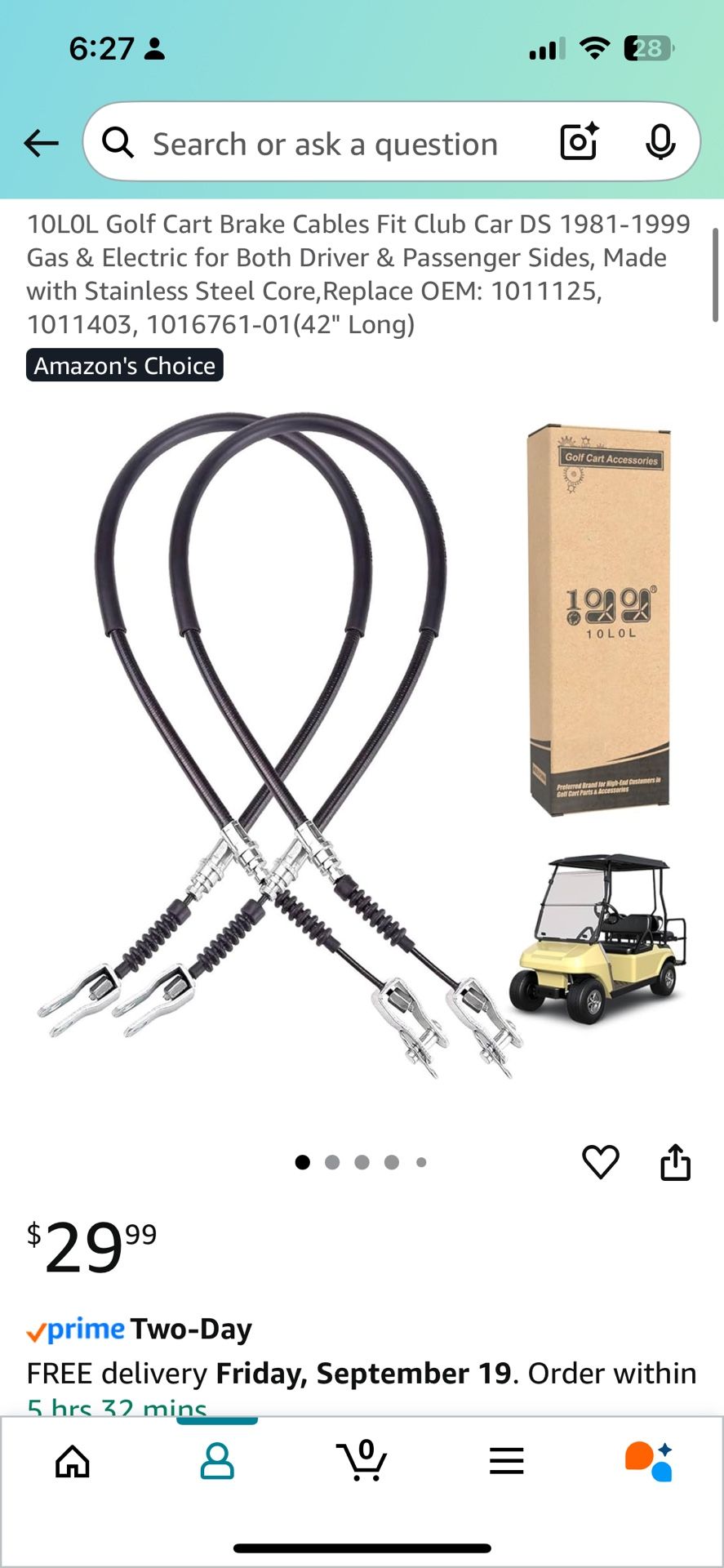 10L0L Golf Cart Brake Cables Fit Club Car DS 1(contact info removed) Gas & Electric for Both Driver & Passenger Si