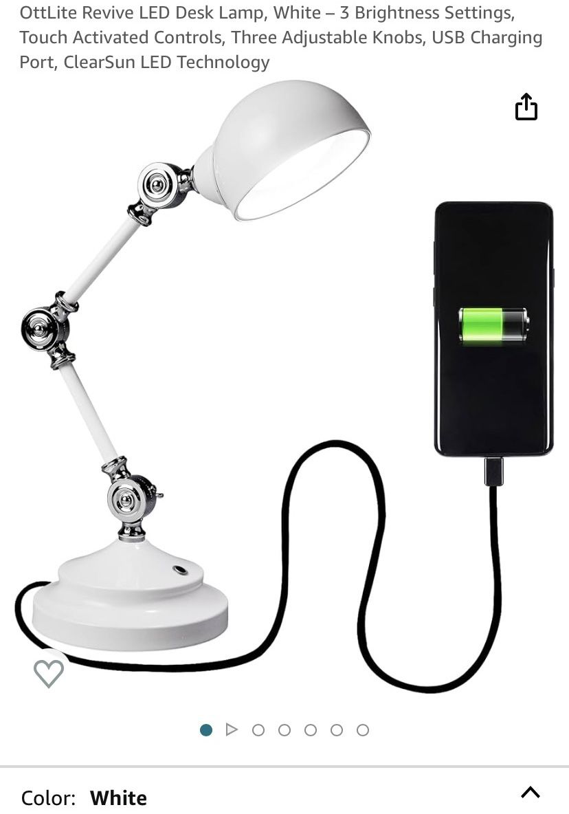 OttLite Revive LED Desk Lamp, White - 3 Brightness Settings, Touch Activated Controls, Three Adjustable Knobs, USB Charging Port, ClearSun LED Technol