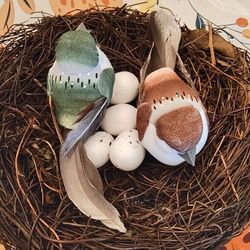 6" Rattan Birds Nest with 2 Faux Birds & Eggs 
