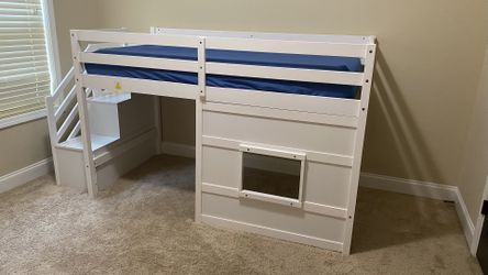 Kids Loft Bed with Stairs & Built-in Bookcase – Like New!
