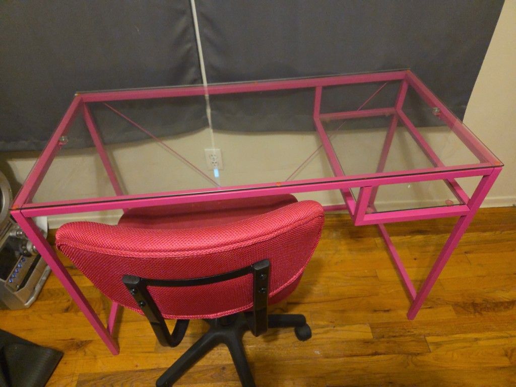 Pink Glass Desk and Chair Set