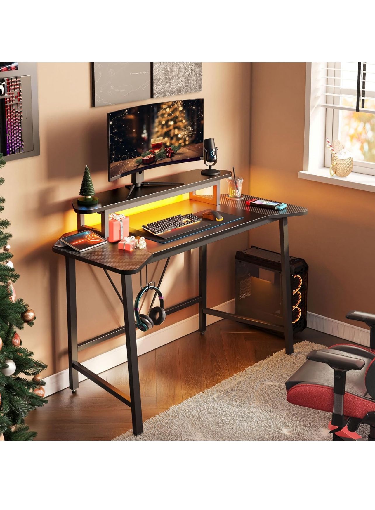 50-Inch Small Gaming Computer Desk, Wing Shaped Desks with Long Monitor Stand for Dual PC Display, RGB LED Small Study Table, New in Box