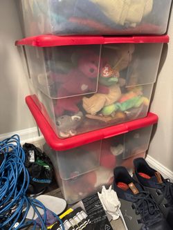 Storage container of Beanie Babies.