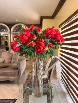 36” Red Artificial Peony Bouquet in Glass Vase