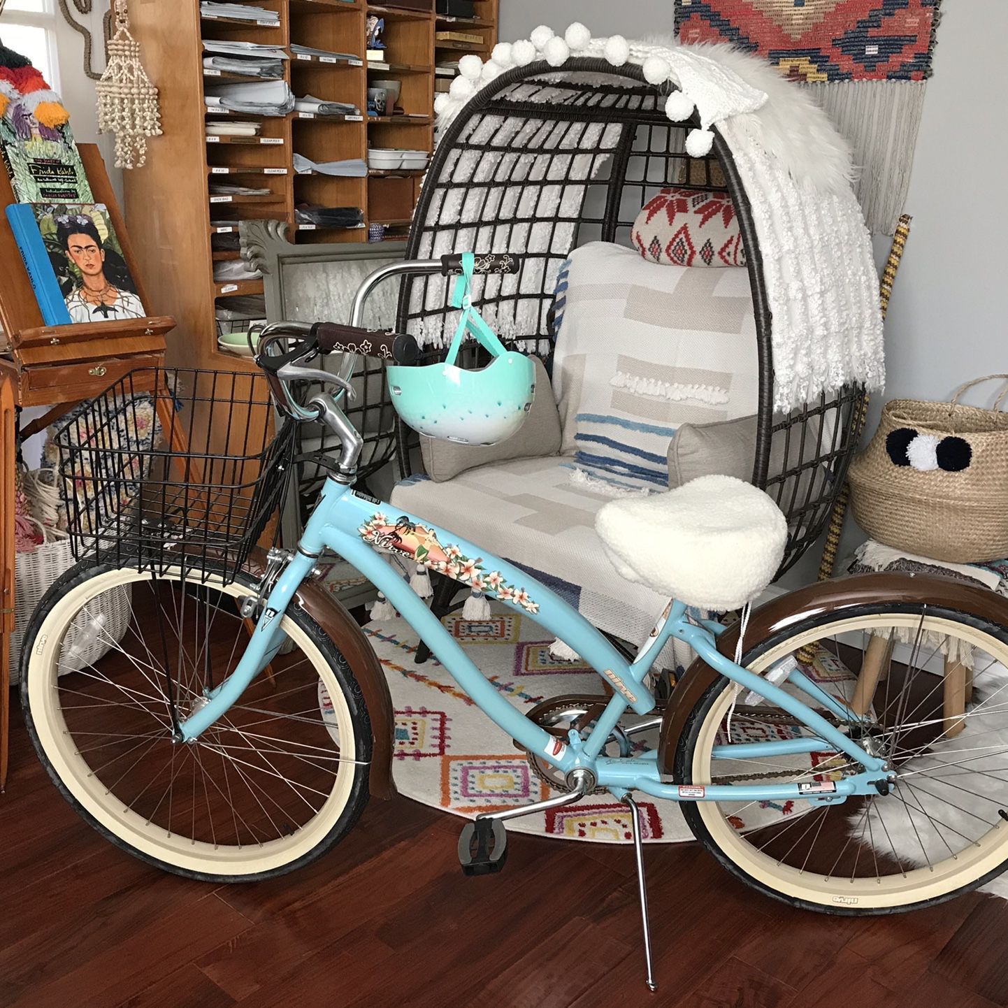 NIRVE Limited Edition Retro - Island Flower Series - “Lahaina” Adult Beach Cruiser Bicycle with Basket & Helmet