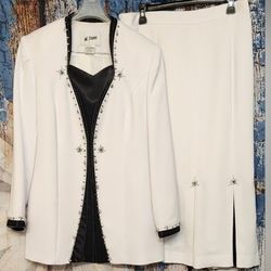 Vintage 2 Pc White/Black Embellished Midi Skirt & Jacket Suit SSize 12