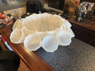 Vintage Hazel Atlas Alpine White Swirl Punch Set Milk Glass Punch Bowl Plus 15 Punch Cups With Hook Handle 