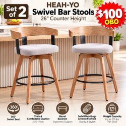 HEAH-YO 26” Swivel Counter Height Bar Stools – Set of 2 – Grey – New
