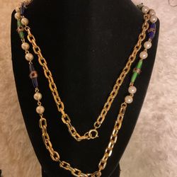 Solid Gold Plated Necklace With Glass Stones,pearls,and Other Decor..36” Long