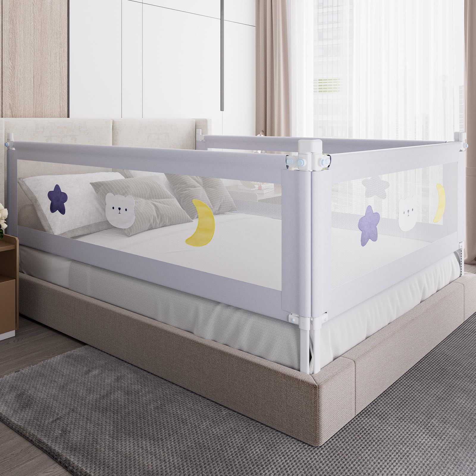 Omzer Bed Rail For Toddlers - Baby Bed Guard Rail With Double Child Lock, Safety Bedrail For Children Kids With Pattern, Infants Height Adjustment Gua