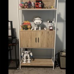 Sturdy Oak Color Wood 4 Tier Bookshelf With Open Shelf And Cabinet, White Metal Frame