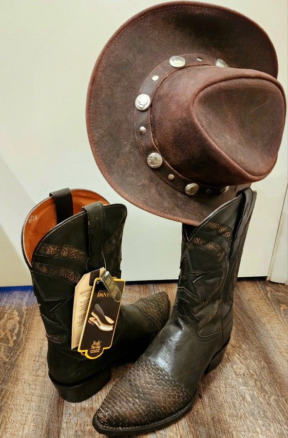 Dan Post Leather Star Cowboy Boots and American Bison Leather Cowboy Hat