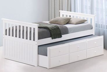 Brand New White Twin Size Bed Frame w Trundle Bed + Drawers