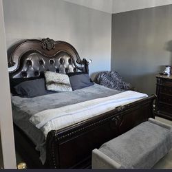 King size bedroom set made for a King / Queen.  Headboard, footboard, frame, nightstand, dresser with mirror.