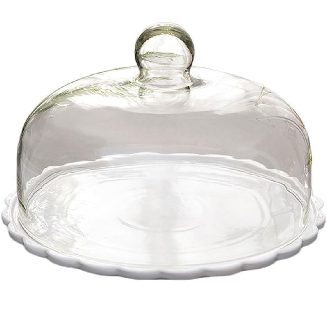 PRETYZOOM Ceramic Cake Stand with Lid Glass Dome Cake Cover 9 Inch Dessert Server Clear Cupcake Stand Food Serving Tray for Home Restaurant Party