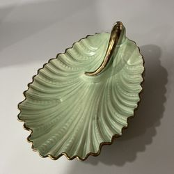 Mid Century Green With Gold Trim Trinket Dish 7 Inches Long 4 Inches Wide In Great Shape Has One Tiny Nick