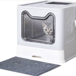 Cat Litter Box with Litter Mat and Scoop, Large Foldable Litter Box with Lid, Front Entry Top Exit Kitty Box, Odor Control, Easy to Clean (Grey)