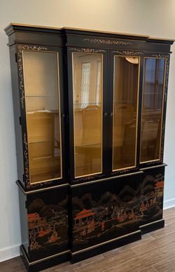 Rare Vintage Asian Chinoiserie China Lighted Cabinet by American of Martinsville 78"H12"L48"W