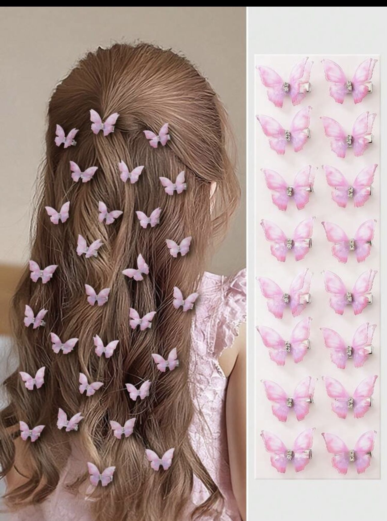 Pink Double-Layer Rhinestone Sheer Organza Butterfly Small Hair Clips
