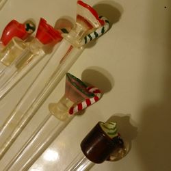 Vintage Glass Christmas Swizzle Stirrers. Set Of Nine