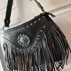 Black Studded Rhinestone Fringe Purse Handbag