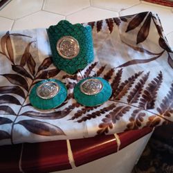 Bracelet and Earings ,silver and Teal Snake ON Leather. 