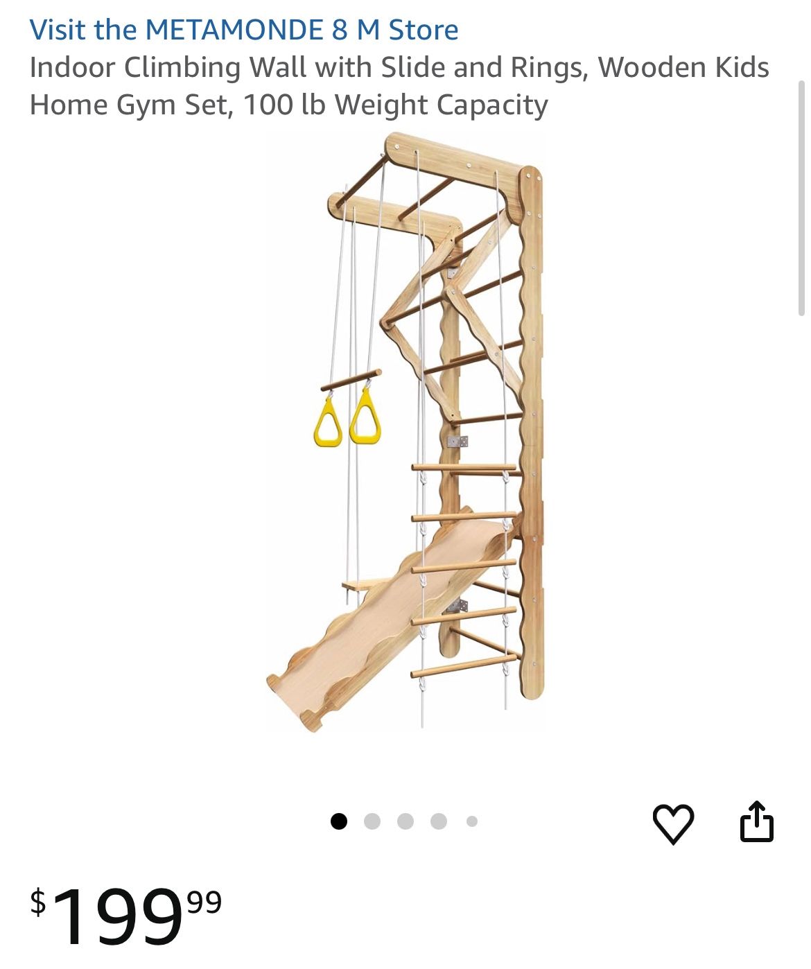 Indoor Climbing Wall with Slide and Rings, Wooden Kids Home Gym Set, 100 lb Weight Capacity