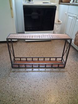 Vintage Rustic Table, Metal Frame, X Shape Side Bracing, Two Tier Design, Wood Surfaces