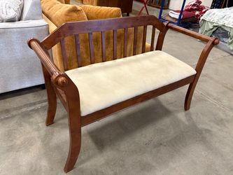Dark Finished Wooden Accent Bench with Padded Beige Seat