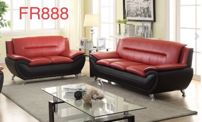 New Sofa And Loveseat Red/black Faux Leather $39 Initial Payment