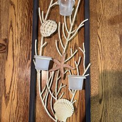 Coastal Beach Wall Hanging with Tealite Holders 8.5x22”