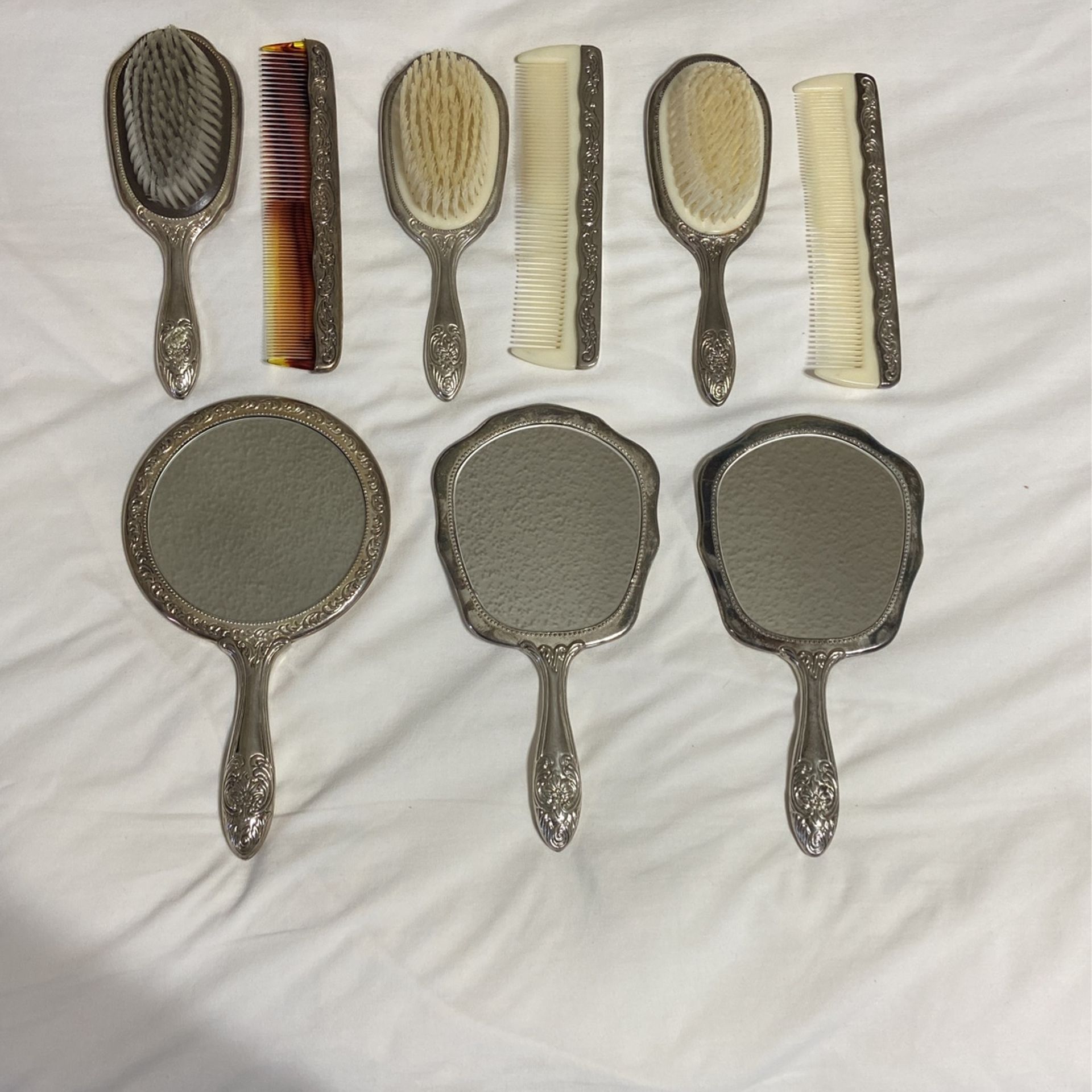 3 Sets Of Pristine Silverplate Vanity Sets Brush Comb Mirror