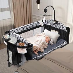 5-in-1 Pack and Play with Changing Table, Baby Bassinet Bedside Sleeper with Storage Bag & Music Box