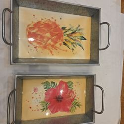 Metal Serving Trays Resin Art Pineapple And Hibiscus