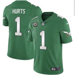 Philadelphia Eagles #1 Jalen Hurts Vapor Kelly Green Captain Patch Jersey