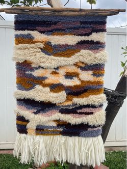 Vintage Abstract Woven Textile Art Wall Hanging on Natural Wood Rod