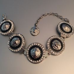 Vintage Lion Head Black Enamel Rhinestone Medallion Silver Tone Bracelet 