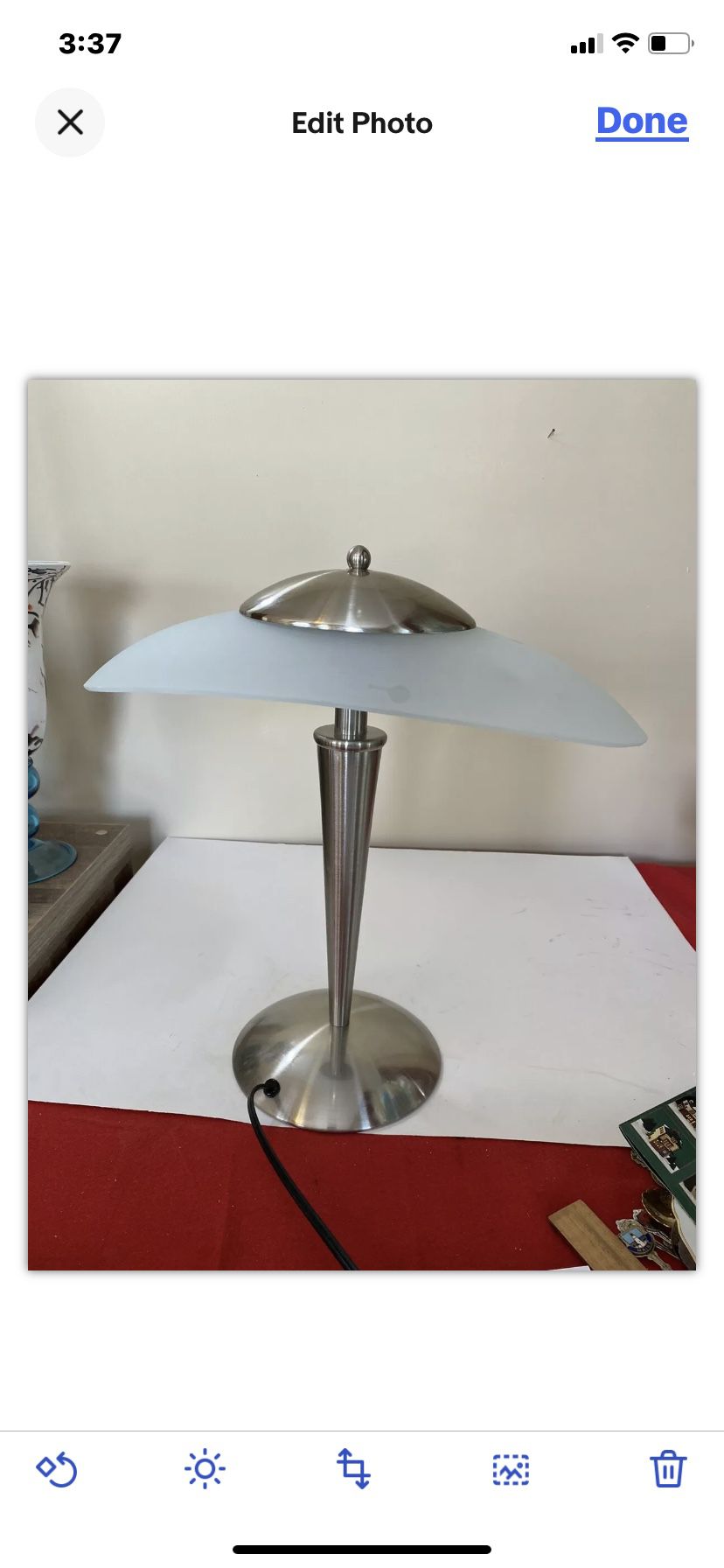 Art Deco Desk Table Lamp w Satin Nickel Base & Glass Shade. Works Perfectly