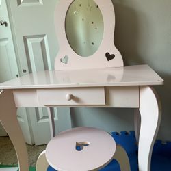 HONEY JOY Kids Vanity Set with Mirror, Toddler Wooden Vanity Table with Stool & Drawer, Removable Top, Princess Pretend Play Beauty Makeup Dressing Ta