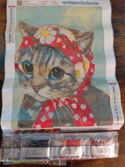 12x16 Babushka gray striped cat diamond painting