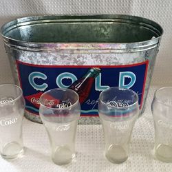 Cold Coca~Cola Refreshment Metal Party Ice Tub With  Vintage Glass Coke Cups  $15 For All!