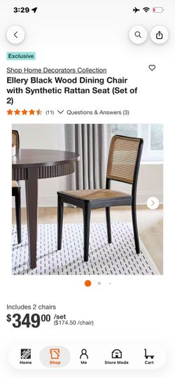Ellery Black Wood Dining Chairs with Rattan Seat, Set of 2