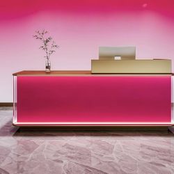 71 in Reception Desk with Eye-Catching Neon Pink LED-Lit Trim, Front Desk Includes Lockable Drawers & Cabinets, Luxury Sleek Commercial Style for Salo