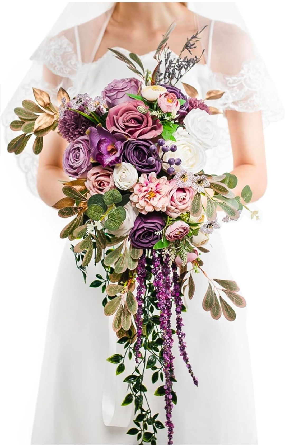 Lisuun Wedding Bouquets White & Purple for Bride, 16 Inches Wedding Flower Bouquet, Silk Round Bridal Bouquet for Wedding, Ceremony, Anniversary