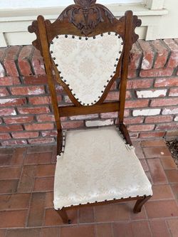 Antique Carved Wood Side Chair with Damask Upholstery